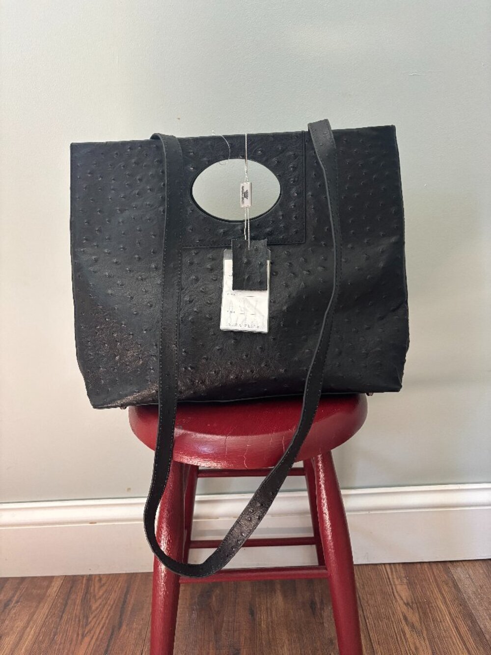 Daniela Moda Black Ostrich Embossed Leather Tote NWT